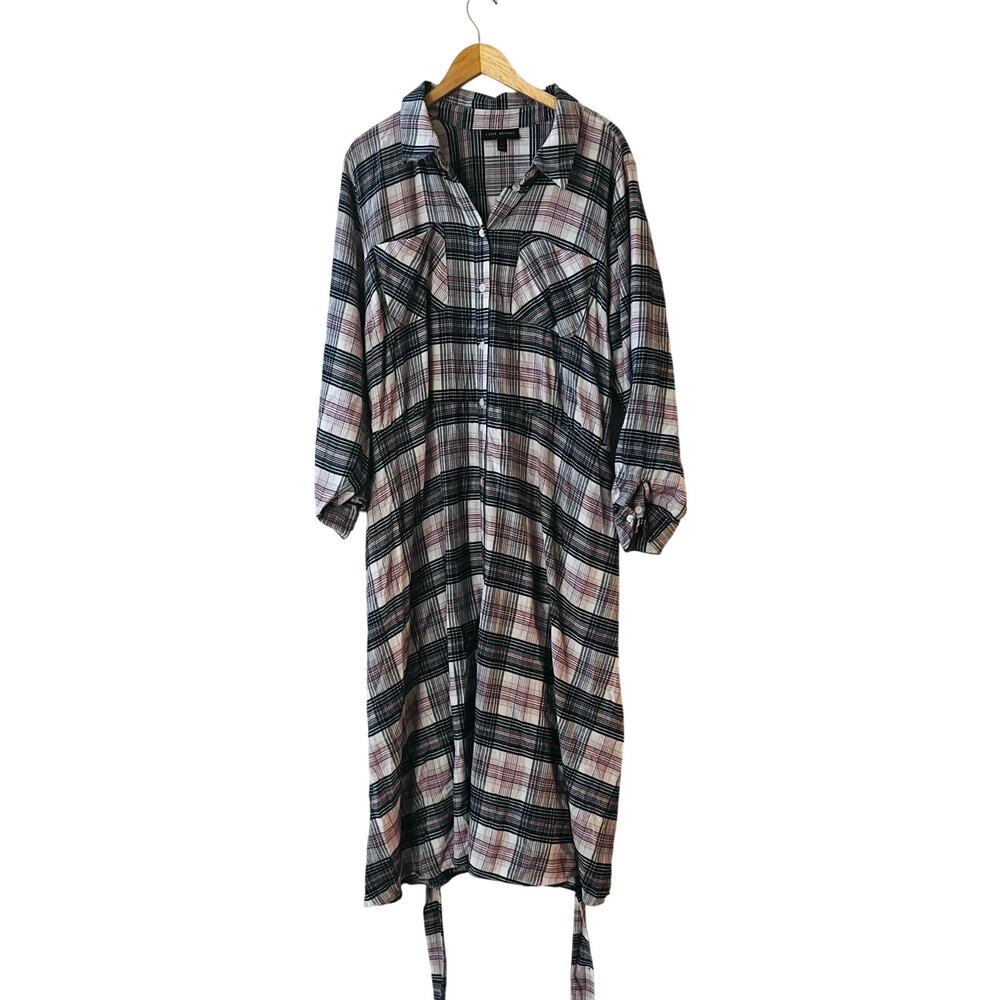 Lane Bryant Plaid Button Down Long sleeve Shirt Dress Size 24 Gray Multi - Picture 2 of 8